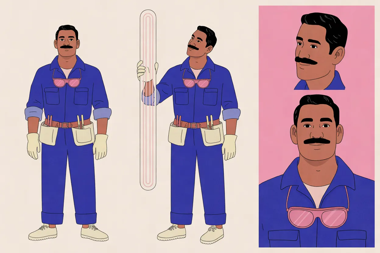 The Neon Mender character sheet on a warm cream background: a full-length front view, a full-length three-quarter view holding a tall straight glass tube upright and looking up at it, and two head-and-shoulders close-ups on a pink panel, one turned three-quarters and one facing front, all with the same calm, closed-mouth smile. In every view he has medium-brown skin, short black hair and a thick black mustache and wears an indigo work jumpsuit with rolled sleeves and pink safety glasses hanging at his chest; the full-length views add cream work gloves, cream tool pouches on a brown belt and cream sneakers.