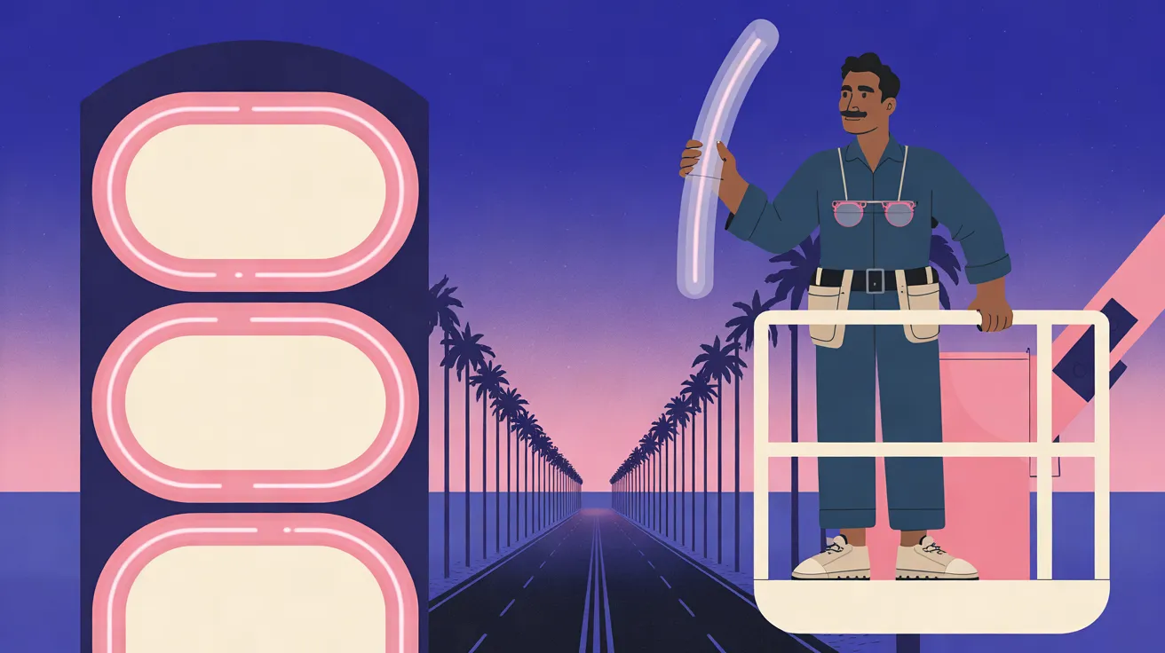 The Neon Mender, a man with medium-brown skin, short black hair and a thick black mustache, stands full length in the cream bucket of a lift at the right, holding up a curved glowing glass tube in one bare hand and resting the other on the rail. He wears a slate-blue work jumpsuit with rolled sleeves, pink safety glasses hanging on a cord at his chest, a cream tool belt and cream sneakers. To the left a tall dark sign carries three stacked rounded tiers outlined in glowing pink with cream centers, and a straight road runs between two rows of palm trees toward the horizon under an indigo sky fading to pink.